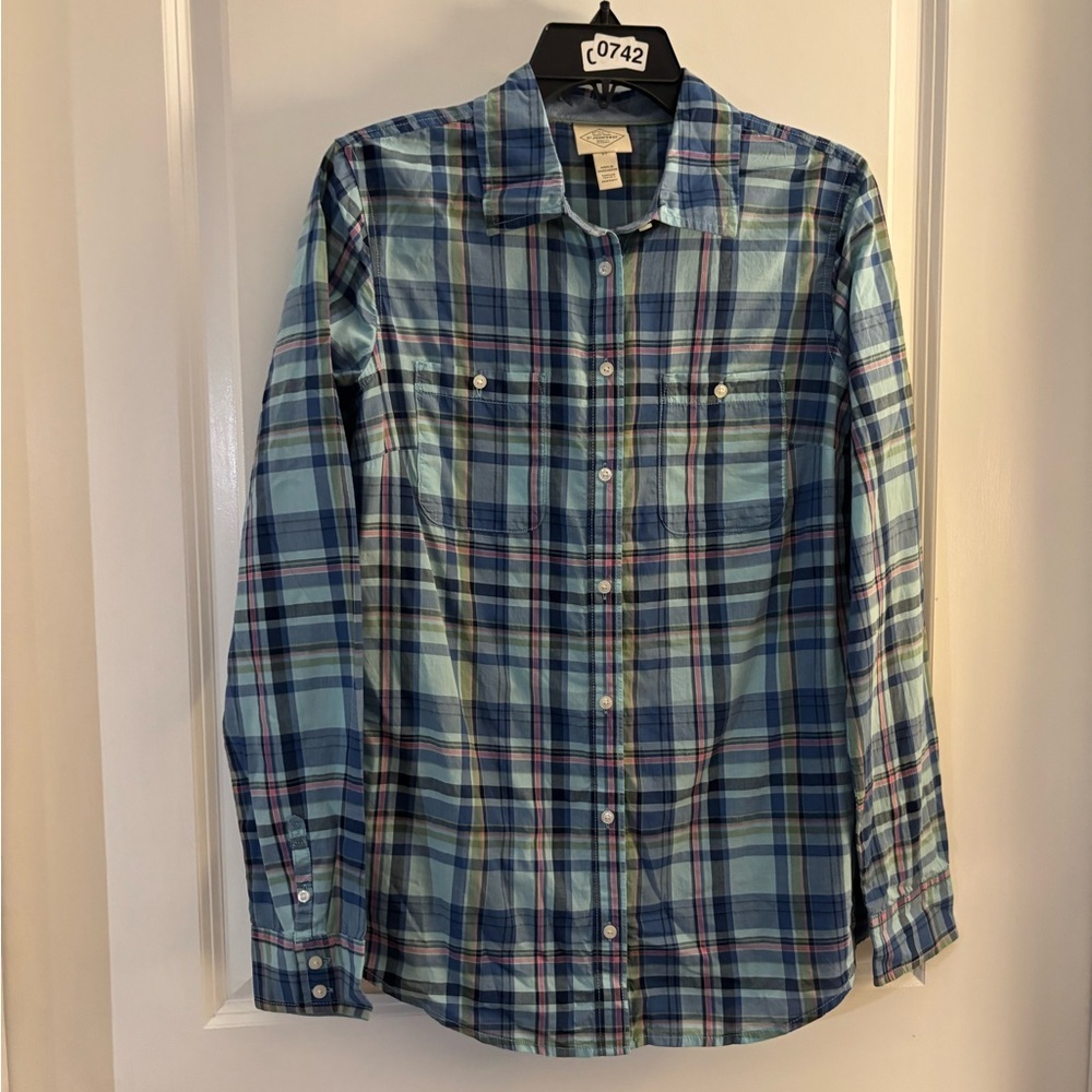 Women’s St John’s Bay Casual Blue Plaid Button-Up Shirt Sz Small tall
